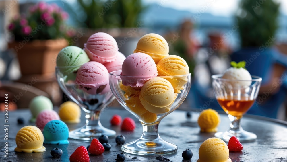 Poster colorful ice cream scoops in elegant glassware on table with fresh berries and out of focus backgrou