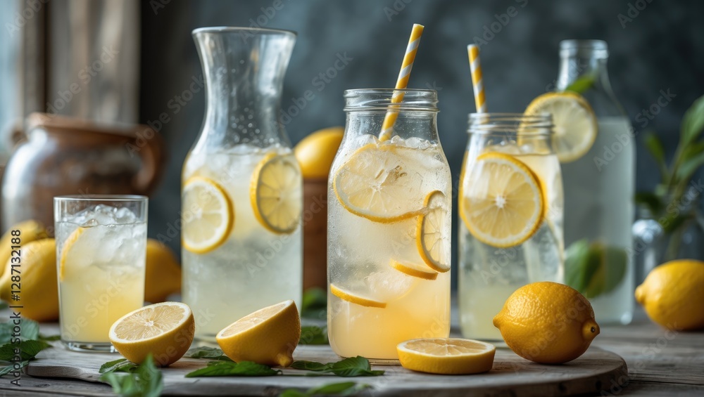 Poster refreshing homemade lemonade in jars with fresh lemons and mint on rustic table