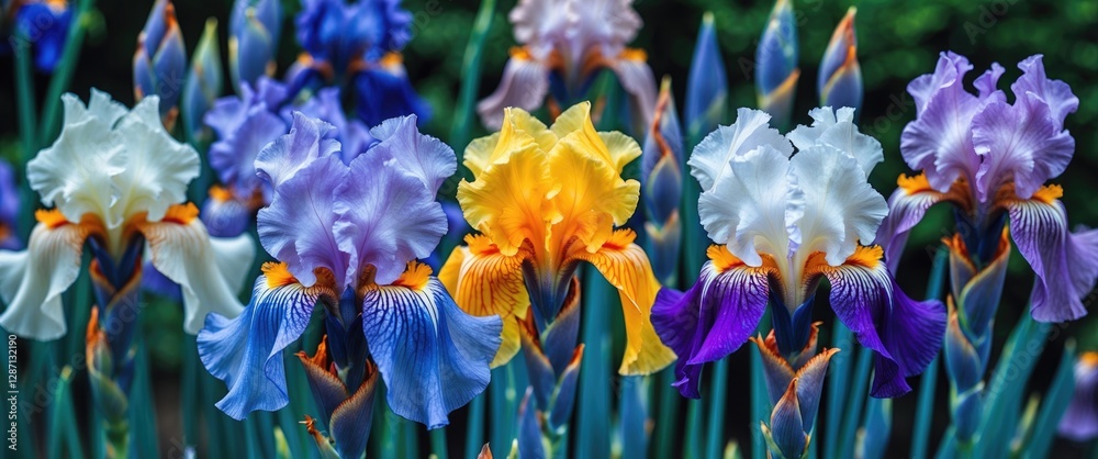 Poster colorful iris flowers in bloom showcasing a variety of shades in a lush garden setting with green ba