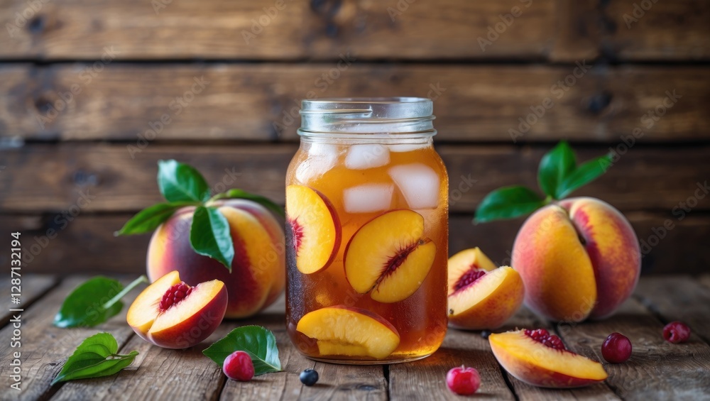 Poster refreshing peach iced tea in jar surrounded by freshly sliced peaches on rustic wooden table