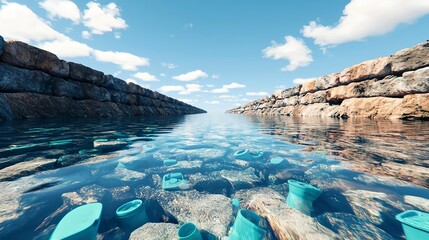 Obraz premium Abstract Waterway with Rock Walls and Clear Blue Sky - Tranquil Landscape
