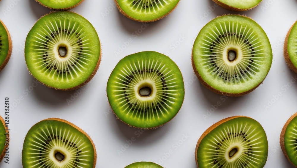 Aufkleber Fresh Kiwi Slices Arranged on a White Background with Empty Space for Text or Branding