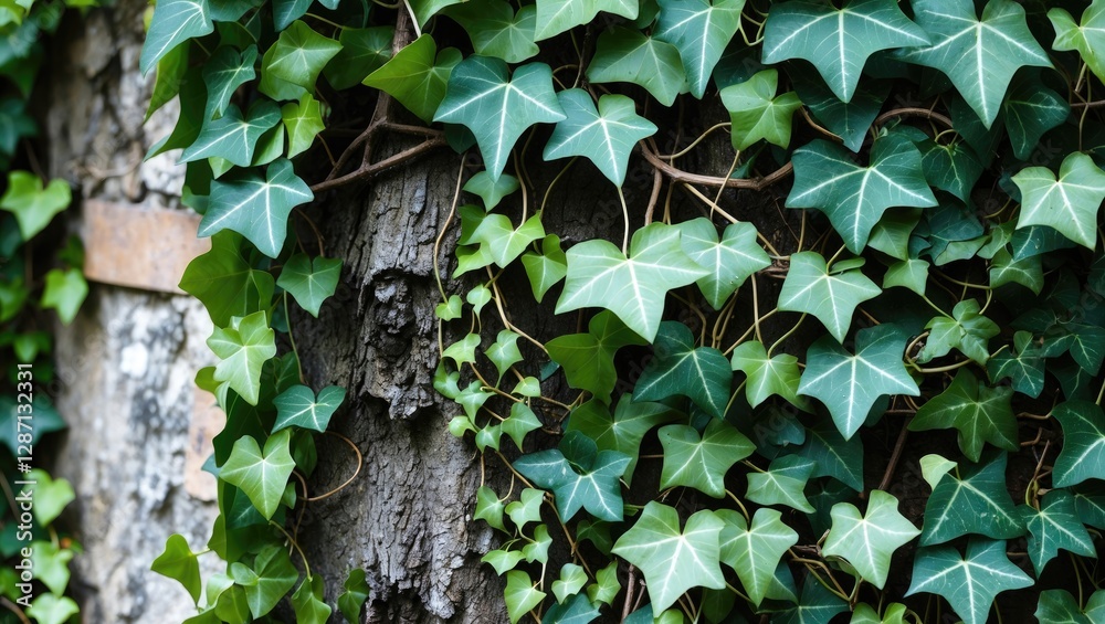 Poster lush green ivy climbing a weathered wooden wall creating a vibrant natural texture with vivid leaves