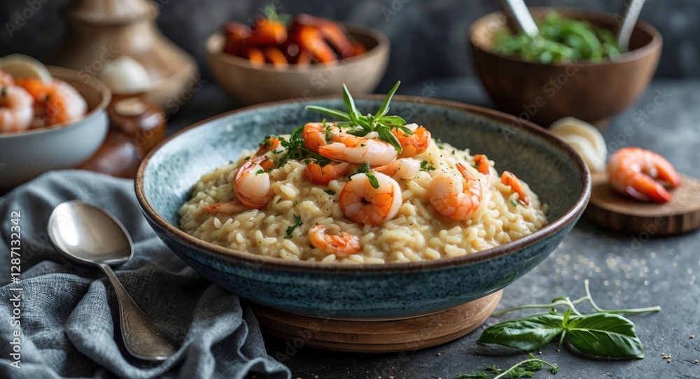 Poster delicious italian seafood risotto served in a rustic bowl with fresh herbs and empty copy space for 