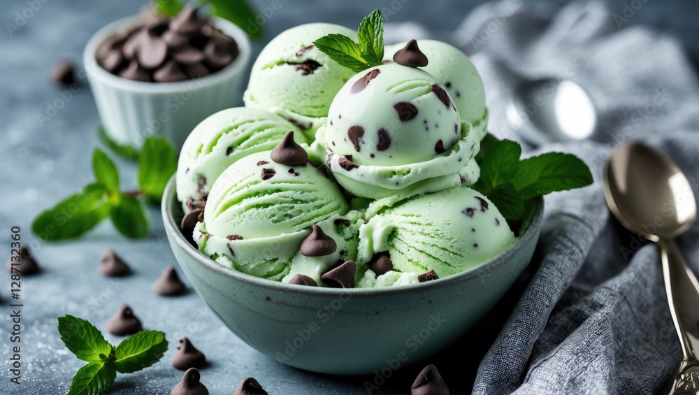Poster refreshing mint chocolate chip ice cream served in a bowl with garnish and chocolate chips on a text