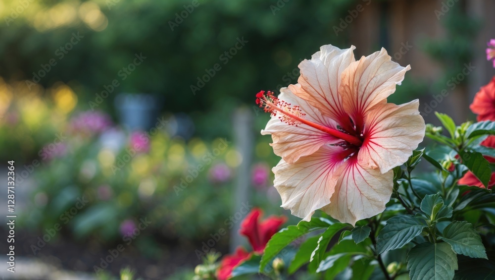 Poster hibiscus syriacus flower in bloom captured in a vibrant garden setting with lush greenery and colorf