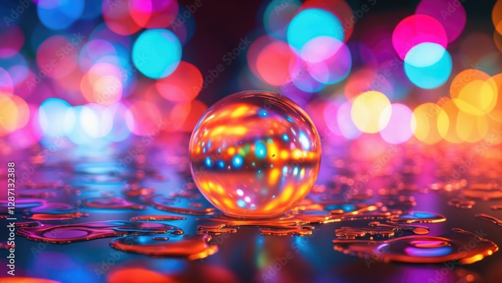 Poster Colorful bokeh background with a reflective sphere and water droplets creating a vibrant and artistic atmosphere for creative designs.