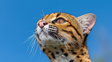 Obraz premium Close-up of a clouded leopard looking upwards against a blue sky. Possible use Wildlife, nature, zoo