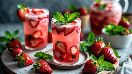 Refreshing Strawberry Mint Drink Served in Glasses with Fresh Mint Leaves and Strawberries on a Wooden Board