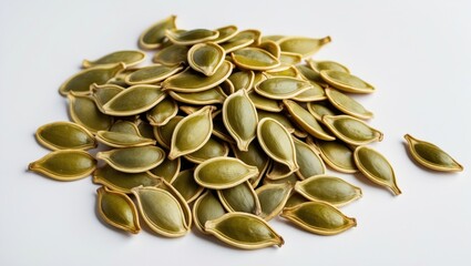 Pumpkin seeds arrangement on white surface showcasing natural texture and color, perfect for health and nutrition concepts.