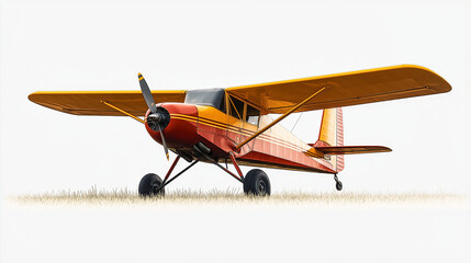 Gelbes Landwirtschaftsflugzeug startet zur Aussaat in l&auml;ndlicher Umgebung

