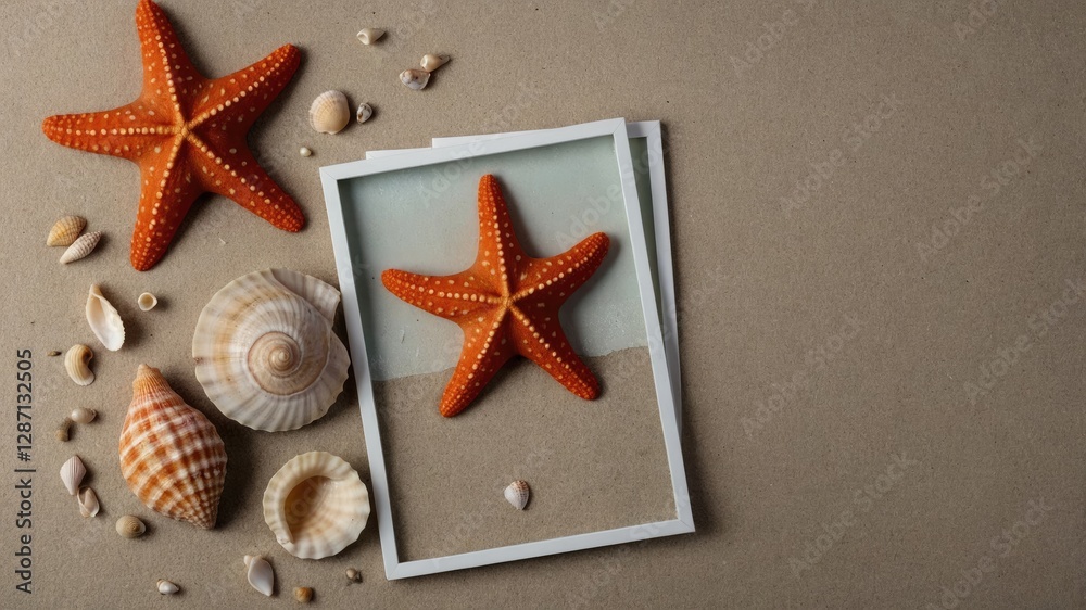 Poster oceanic composition of starfish and seashells on neutral background with instant frames
