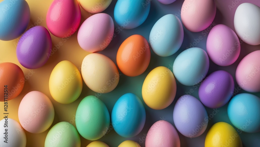 Poster Colorful Easter eggs arranged diagonally in a gradient pattern vibrant minimalist design with ample copy space for festive greetings.