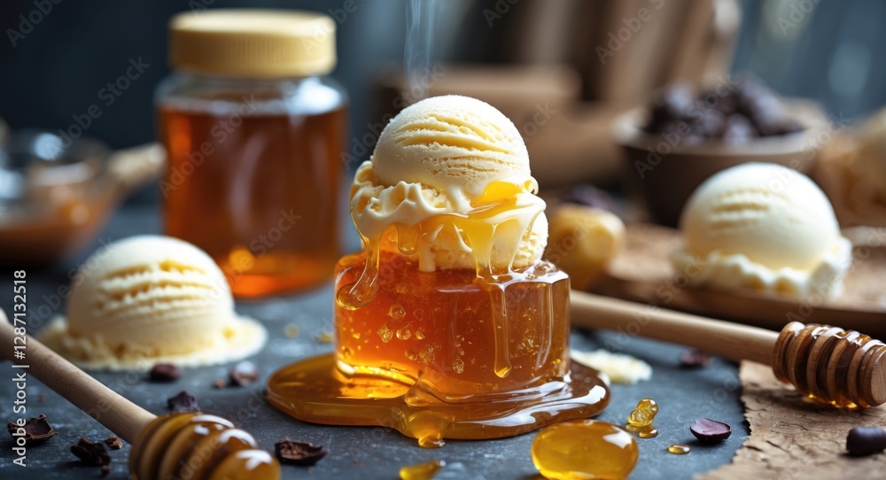 Poster delicious vanilla ice cream drizzled with golden honey on a rustic table with sweet honey jar and ga