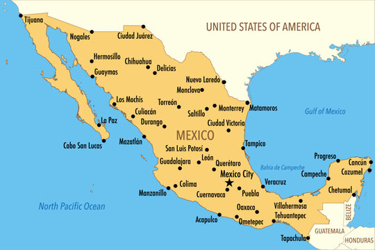 Vector Map of Mexico with Major Cities and Neighboring Countries &ndash; Infographic Illustration