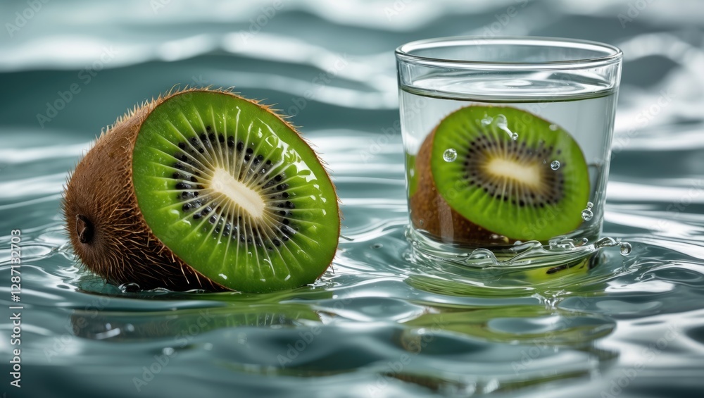 Fototapete kiwi slices floating in water next to a glass with empty space for text overlay