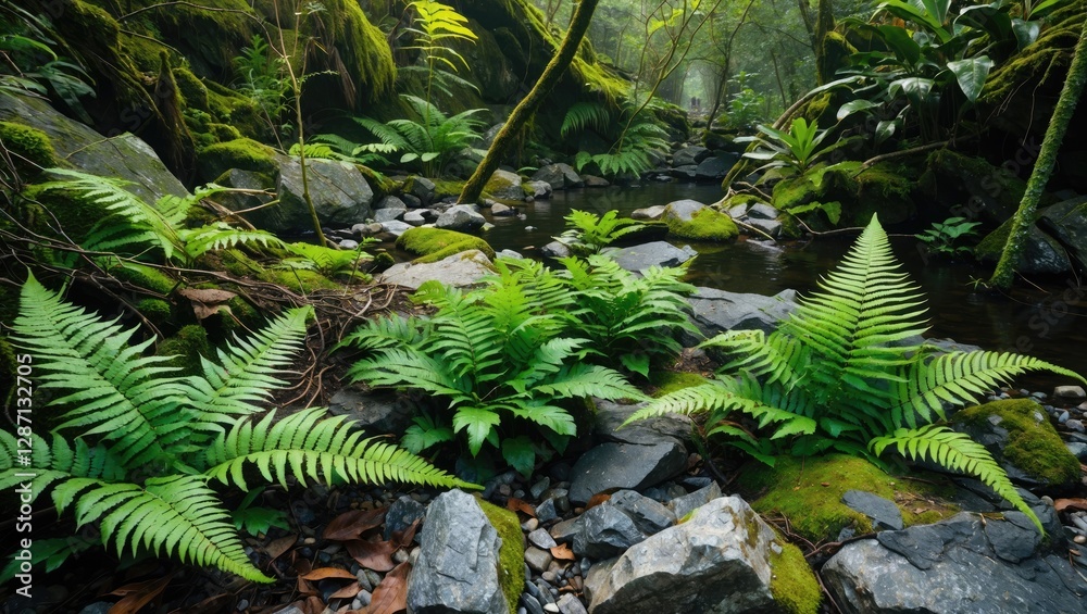 Poster lush green ferns thriving in a serene forest setting near a tranquil stream surrounded by rocks and 