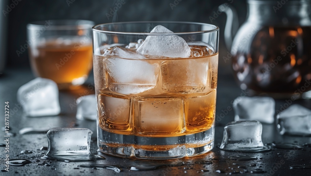Poster refreshing iced drink in a glass with ice cubes and condensation on a dark background for beverage p