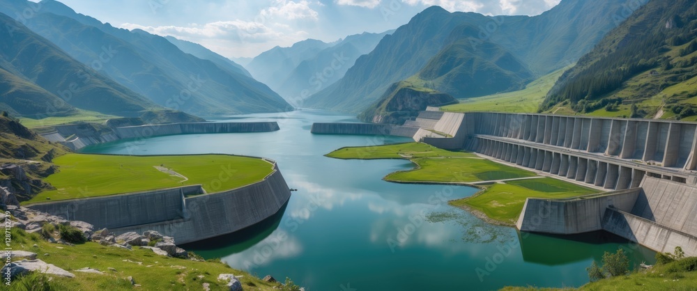 Poster serene high angle view of majestic mountains and tranquil water reservoirs surrounded by lush greene
