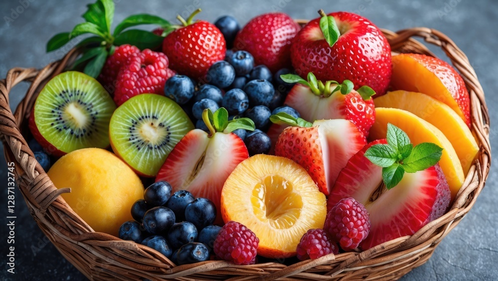 Aufkleber vibrant fruit basket display with fresh seasonal fruits and empty space for text suitable for culina