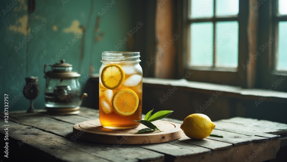 Aufkleber Refreshing Ice Green Tea with Lemon Slices in Jar on Wooden Table with Empty Space for Text in Rustic Setting