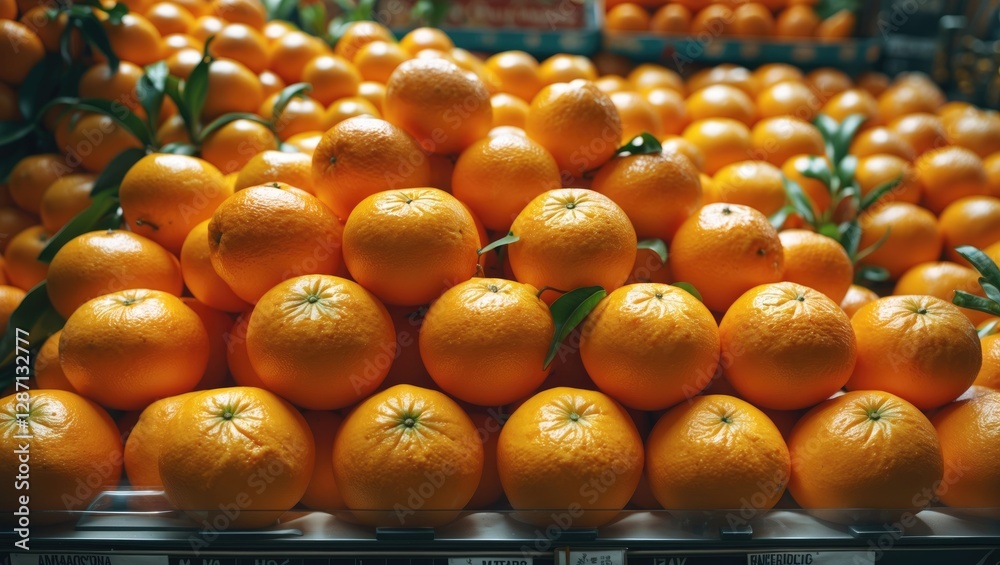 Poster fresh and vibrant oranges available for purchase in a colorful market display