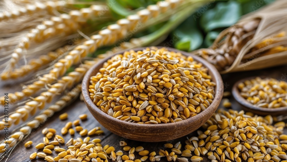 Poster amaranth grain in wooden bowls with scattered seeds and wheat stalks, highlighting its nutritional v