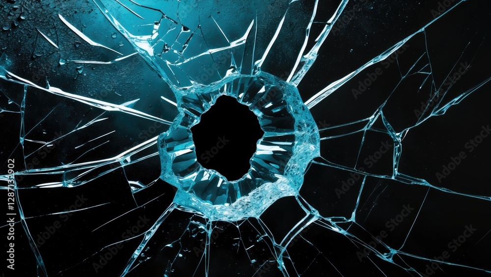 Poster cracked glass surface with a central hole on a black background ideal for design elements and backgr
