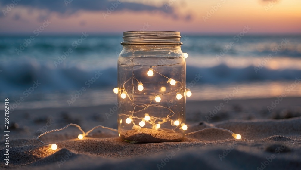 Poster illuminated jar of fairy lights on sandy beach at sunset with gentle waves in background