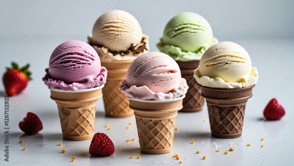 Poster colorful ice cream scoops in wafer cups against a white background with fresh berries and sprinkles 