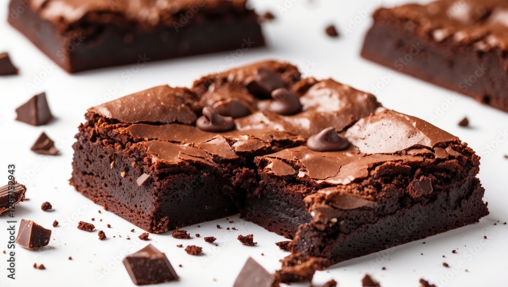 Poster decadent chocolate brownies with a bite taken out and scattered crumbs on a clean white background r