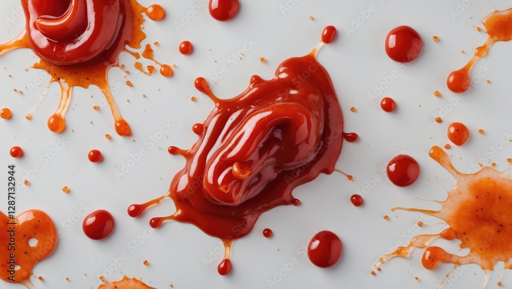 Poster ketchup splashes and stains on white background with tomato puree texture featuring empty space for 