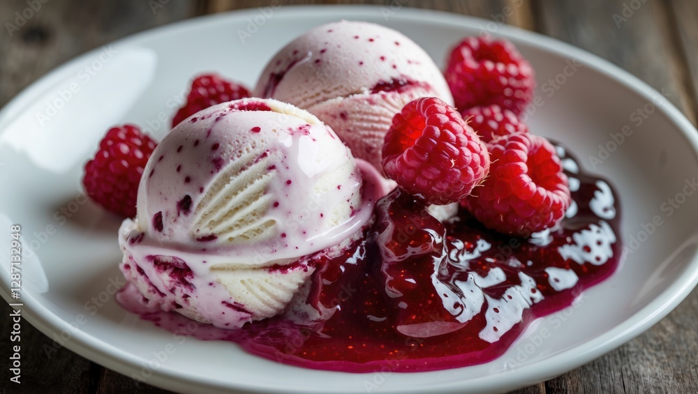 Poster delicious ice cream served with raspberry jam and fresh raspberries on a white plate showcasing a te