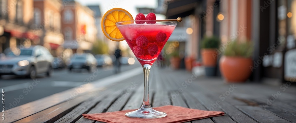 Poster vibrant raspberry martini cocktail on outdoor table with urban backdrop and empty space for beverage