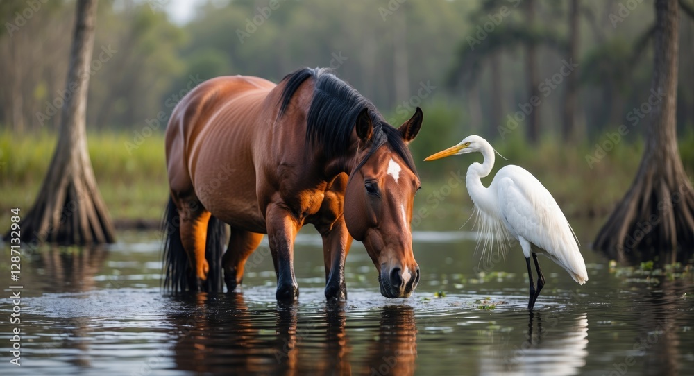 Aufkleber horse drinking water in a serene swamp setting with an egret nearby showcasing nature's tranquility 