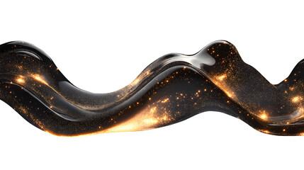 Glossy Black Fluid Wave with Golden Sparkles, Luxury Abstract Motion on Transparent Background Cutout