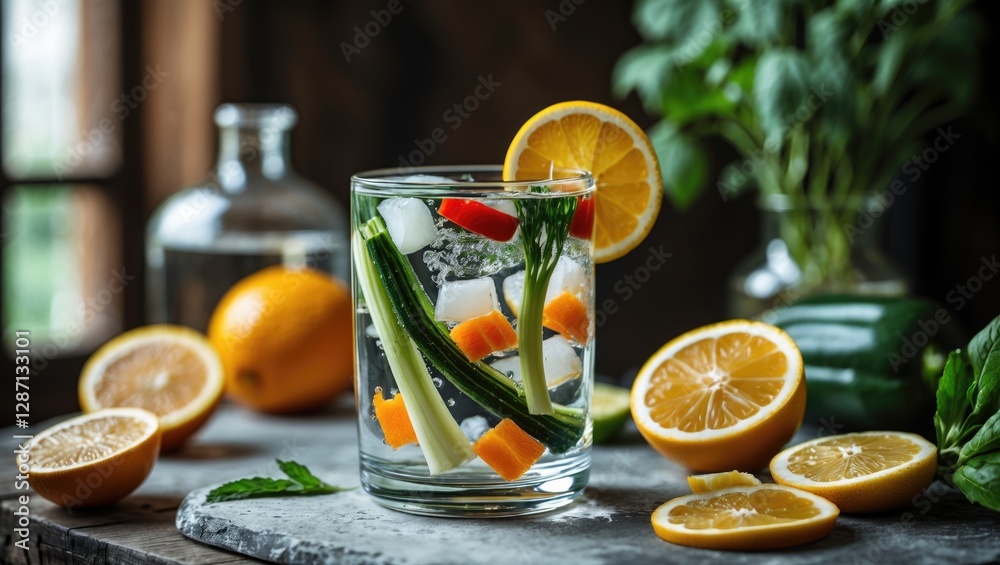 Poster refreshing infused water with colorful vegetables and citrus slices in a glass surrounded by fresh i