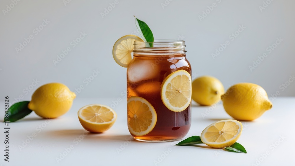 Poster refreshing jar of iced tea garnished with lemon slices on a white background with fresh lemons for c