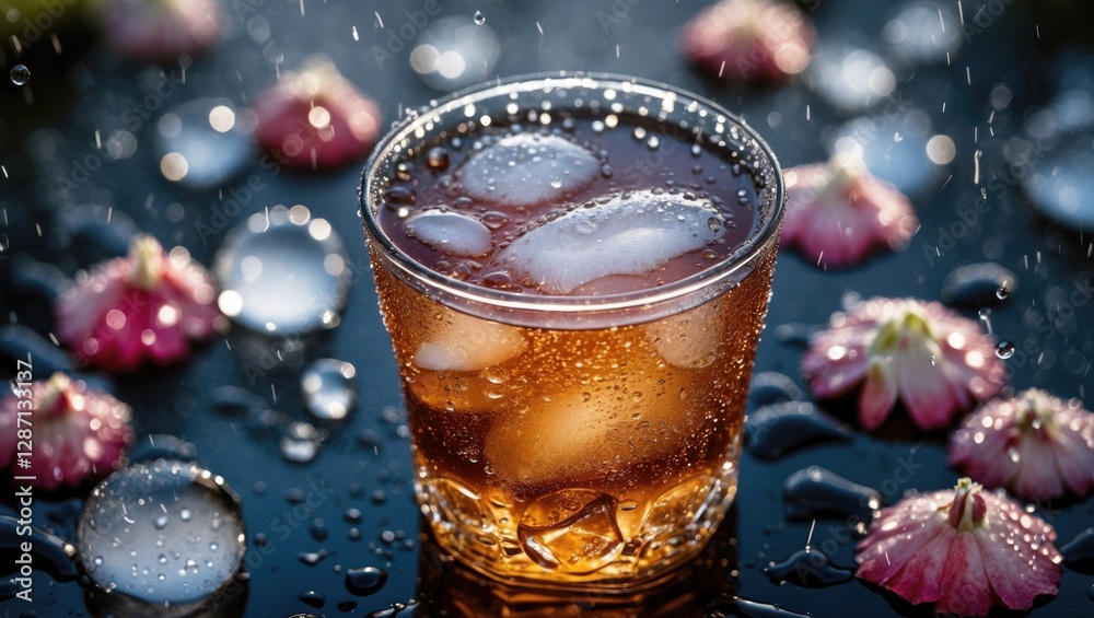 Poster refreshing cold beverage with ice and water droplets surrounded by flowers on a dark background idea