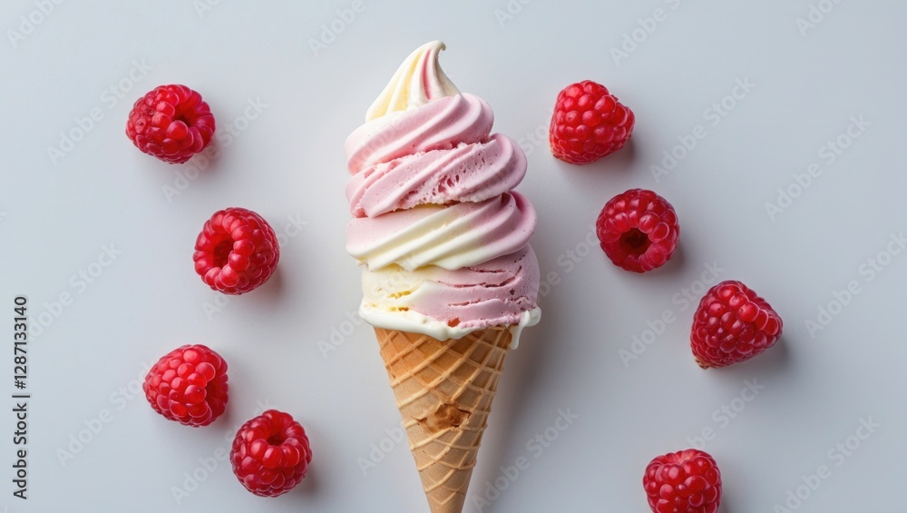 Poster Delicious Swirled Ice Cream Cone Surrounded by Fresh Raspberries on a Light Background with Space for Text and Promotion