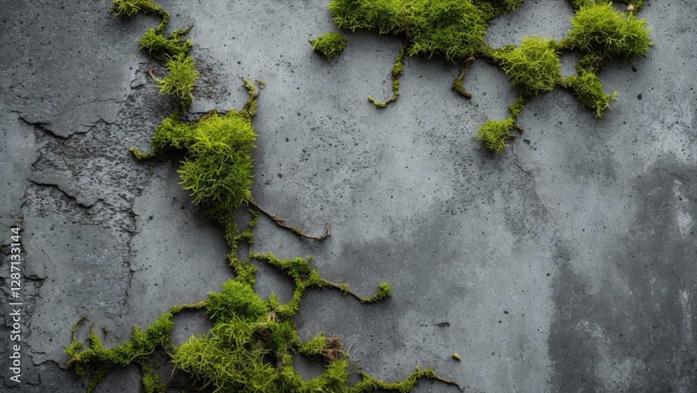 Poster Grunge grey concrete texture with vibrant green moss creating a unique industrial style background for artistic and design projects