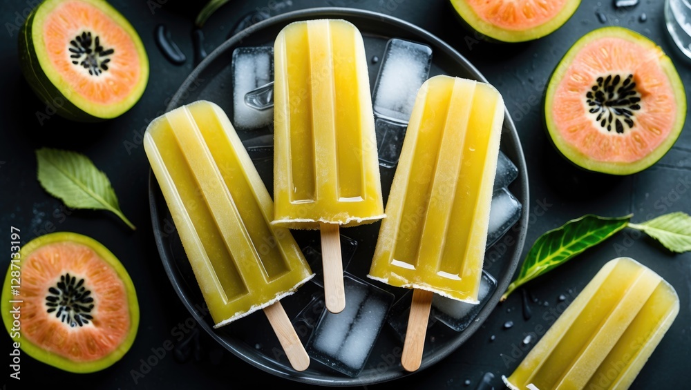 Poster healthy homemade guava popsicles served on ice surrounded by fresh guava slices perfect for refreshi