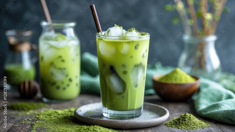 Poster refreshing iced matcha beverage served in a glass with ice and garnish surrounded by ingredients on 