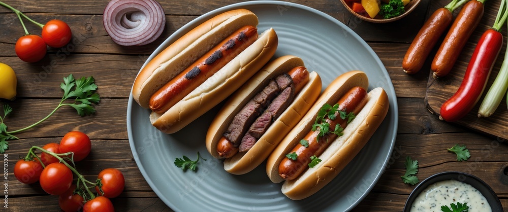 Poster grilled hotdogs and steak platter with fresh vegetables and empty space for text on a wooden table