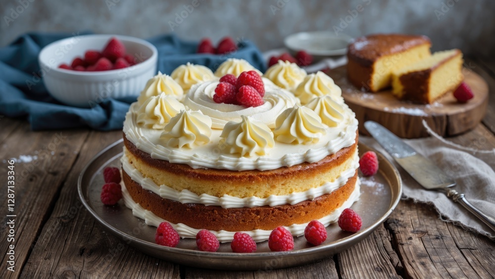 Poster delicious homemade butter layer cake with whipped cream and fresh raspberries on rustic wooden table
