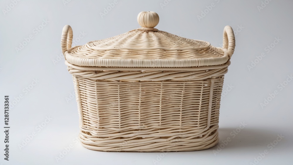 Aufkleber Ivory Wicker Basket with Lid Elegant Design Isolated on White Background with Empty Space for Text or Decorative Displays