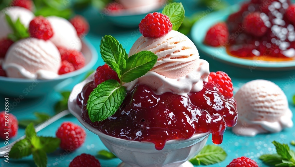 Aufkleber delicious ice cream sundae topped with raspberry jam and fresh mint garnish in vibrant colorful sett