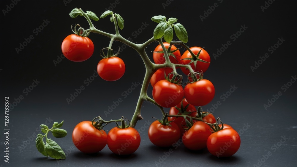 Poster macro shot of a vibrant red tomato branch displayed against a dark background, highlighting the fres