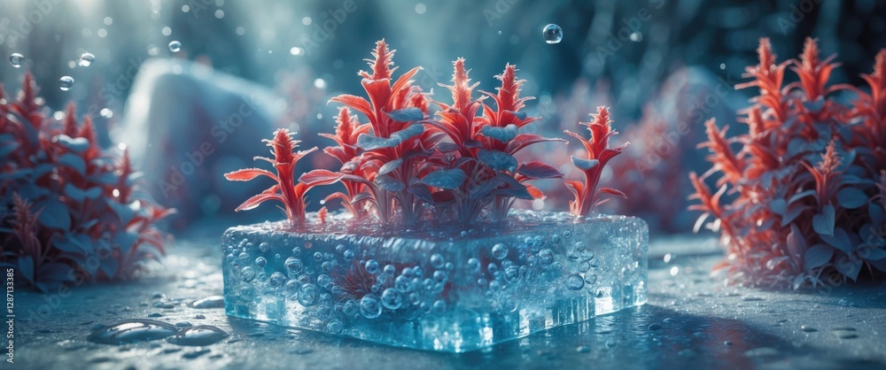 Aufkleber Frozen flora encapsulated in ice with trapped air bubbles creating a unique natural sculpture in a serene, icy environment.