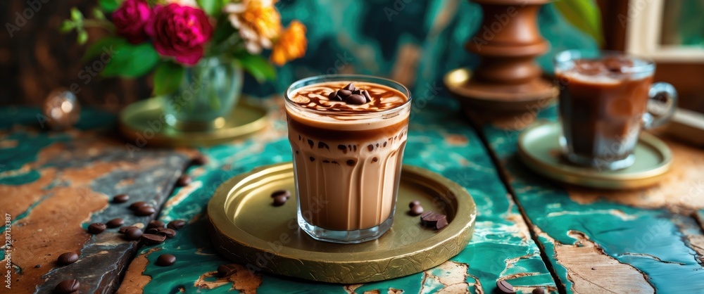 Aufkleber iced chocolate latte served on a rustic wooden table with coffee beans and vibrant flowers in the ba